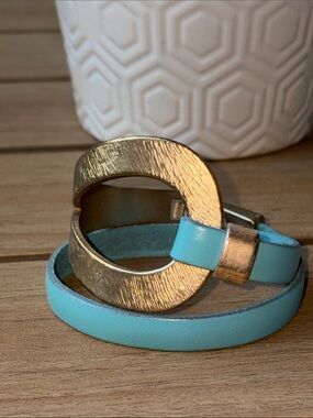Gold-Tone Buckle Turquoise Leather Wrap Bracelet - Women Accessories